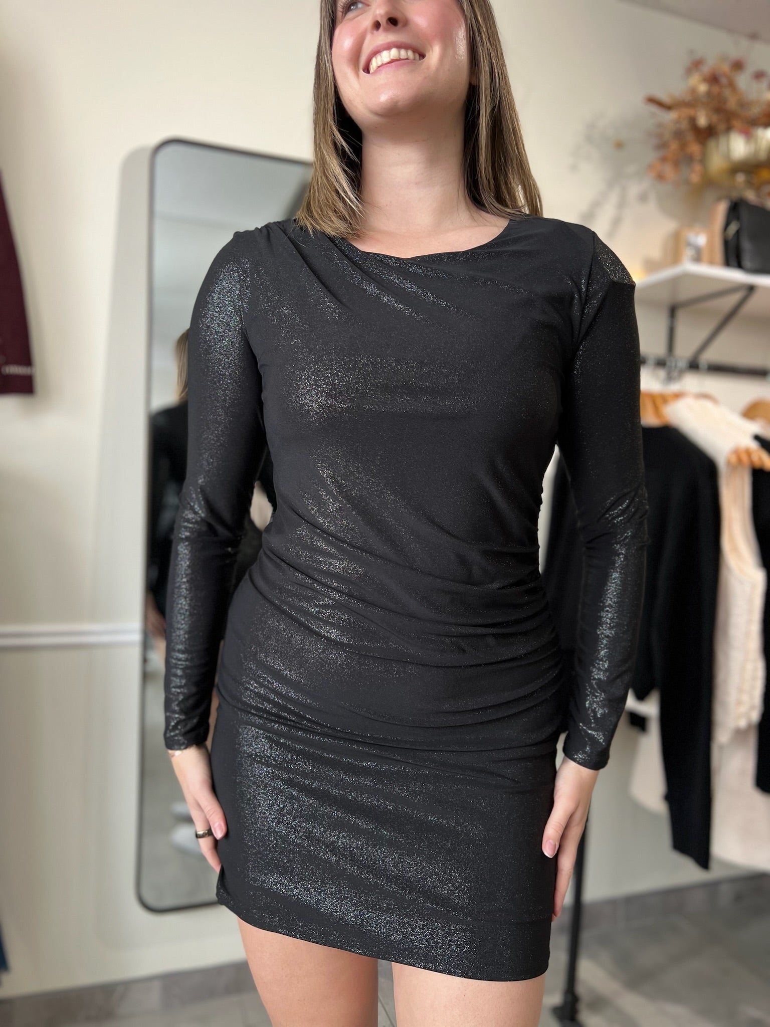 Shirring Details Mini Dress | Black
