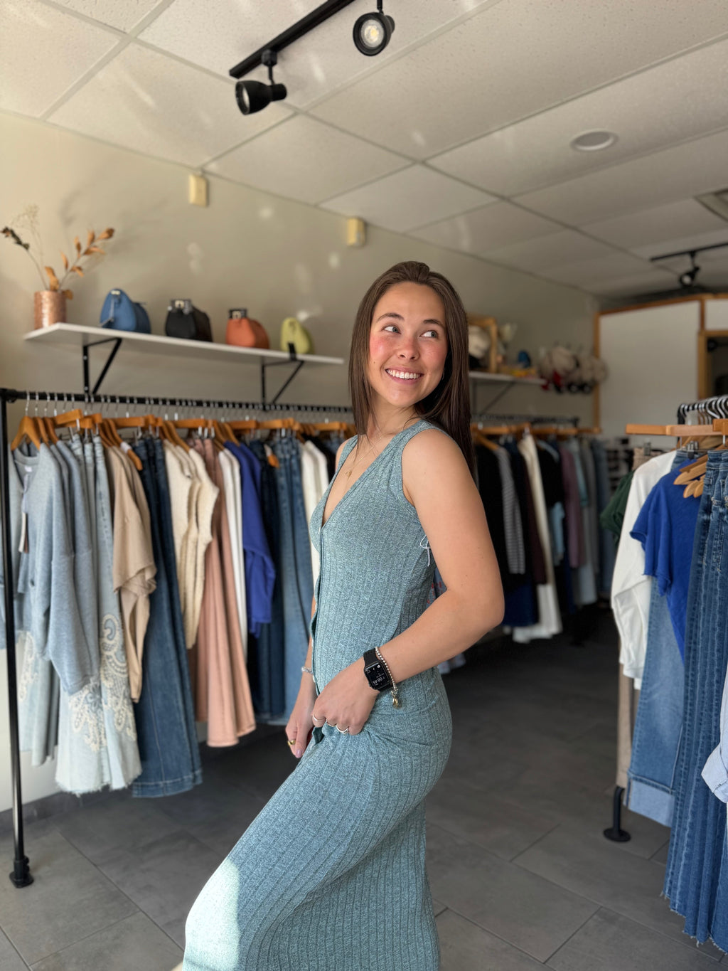 Sutton Ribbed Button Dress | Heather Seafoam